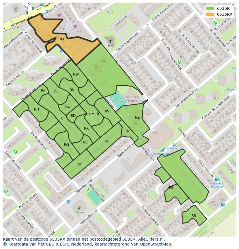 Afbeelding van het postcodegebied 6535 RX op de kaart.