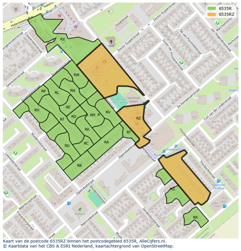 Afbeelding van het postcodegebied 6535 RZ op de kaart.