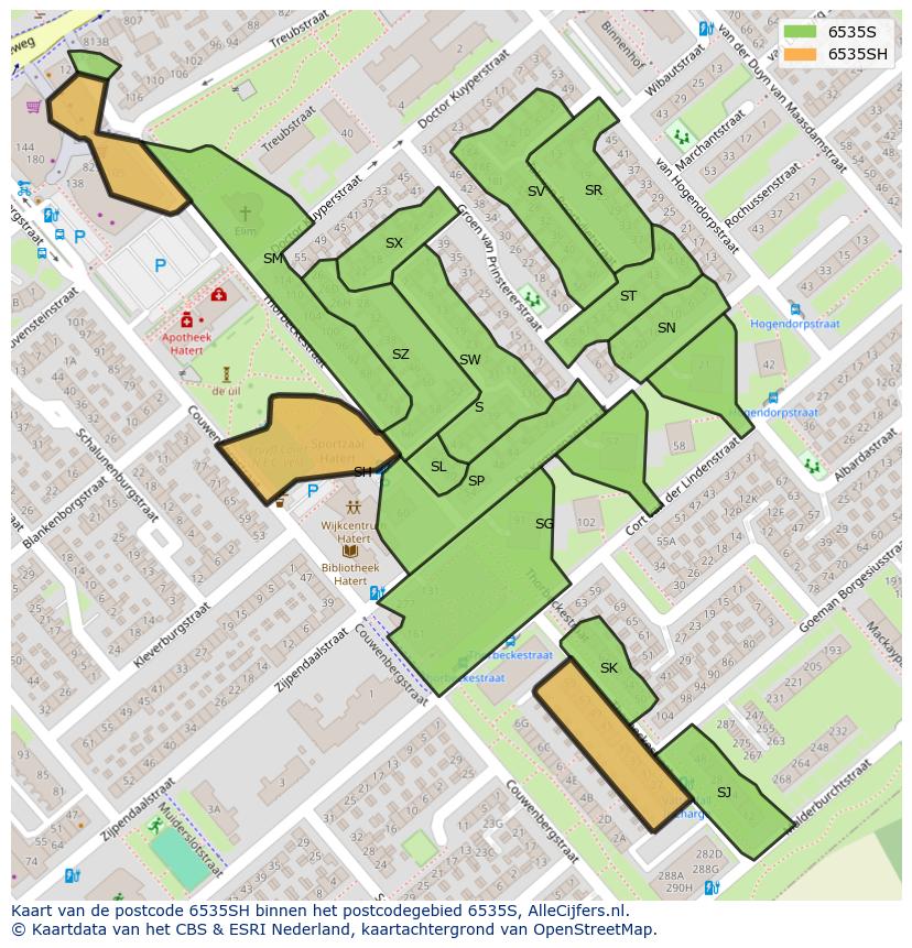 Afbeelding van het postcodegebied 6535 SH op de kaart.