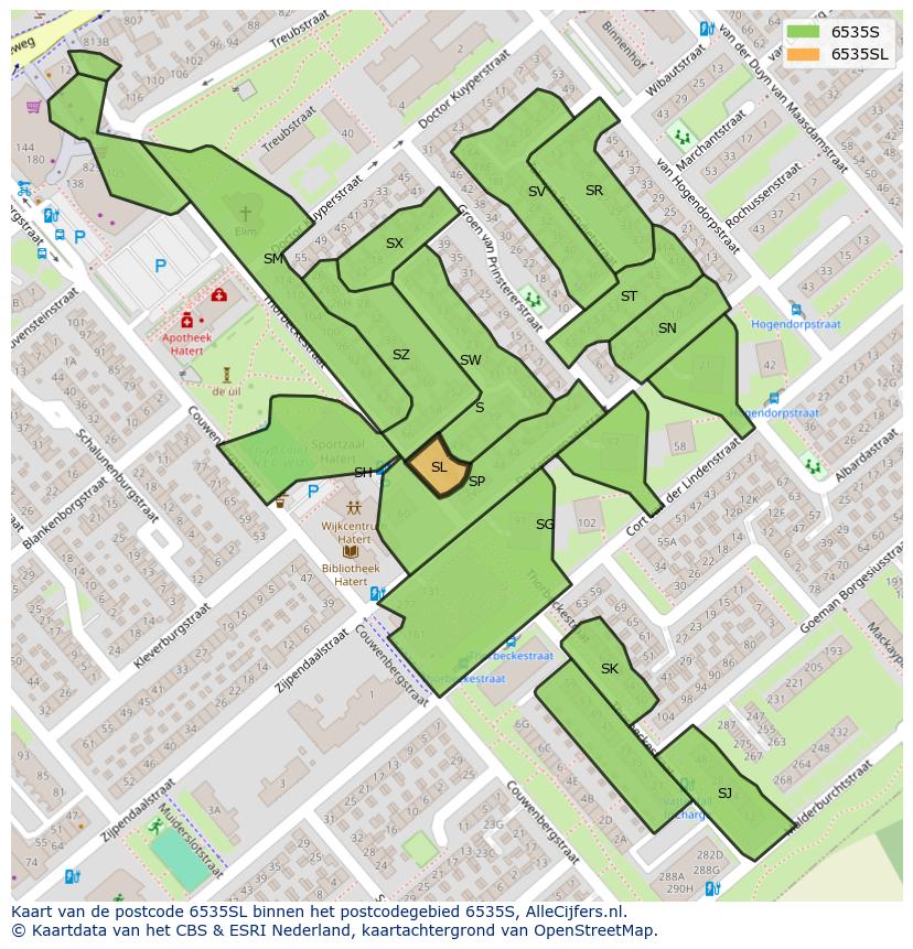 Afbeelding van het postcodegebied 6535 SL op de kaart.
