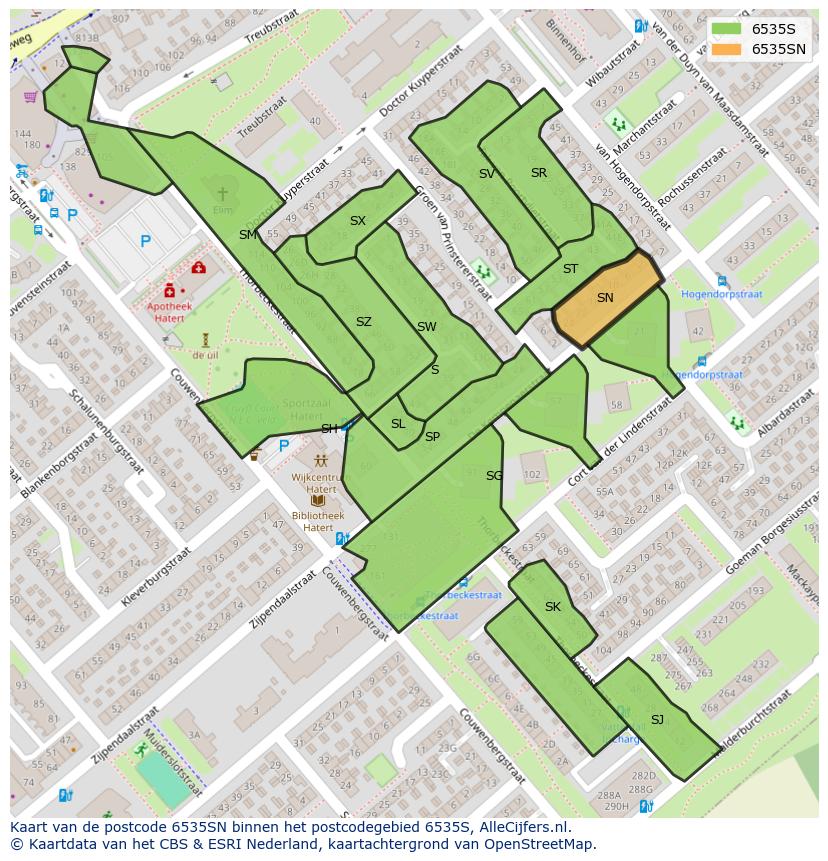 Afbeelding van het postcodegebied 6535 SN op de kaart.