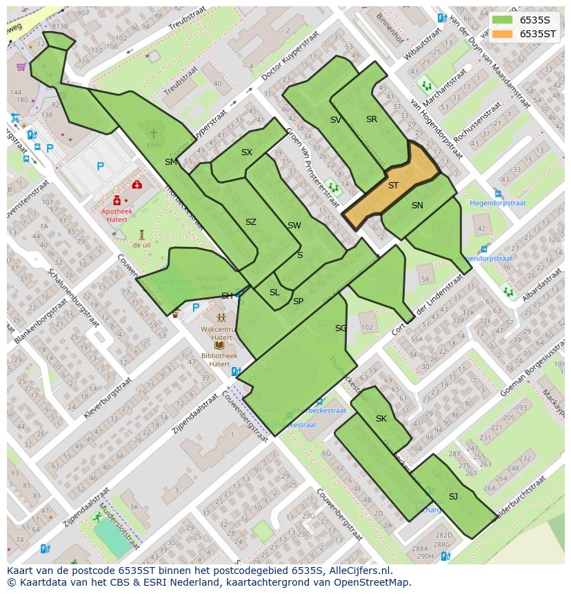 Afbeelding van het postcodegebied 6535 ST op de kaart.
