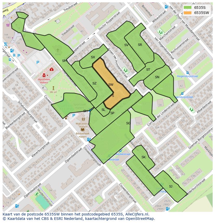 Afbeelding van het postcodegebied 6535 SW op de kaart.