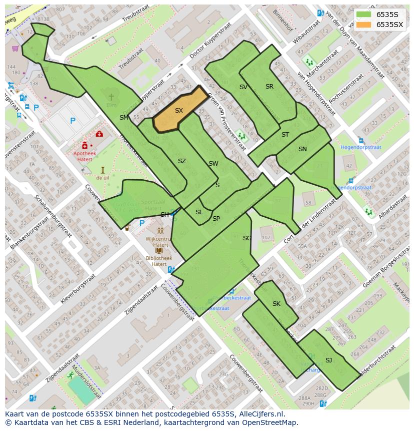 Afbeelding van het postcodegebied 6535 SX op de kaart.