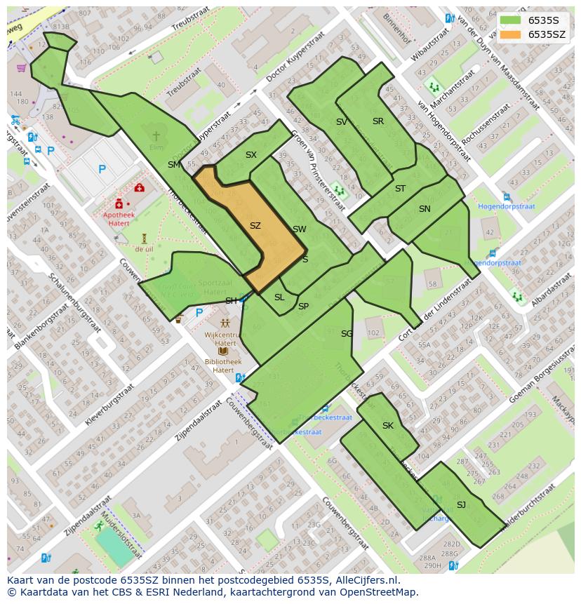 Afbeelding van het postcodegebied 6535 SZ op de kaart.