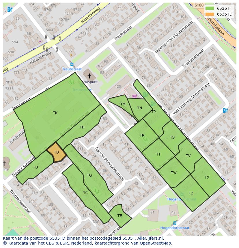 Afbeelding van het postcodegebied 6535 TD op de kaart.