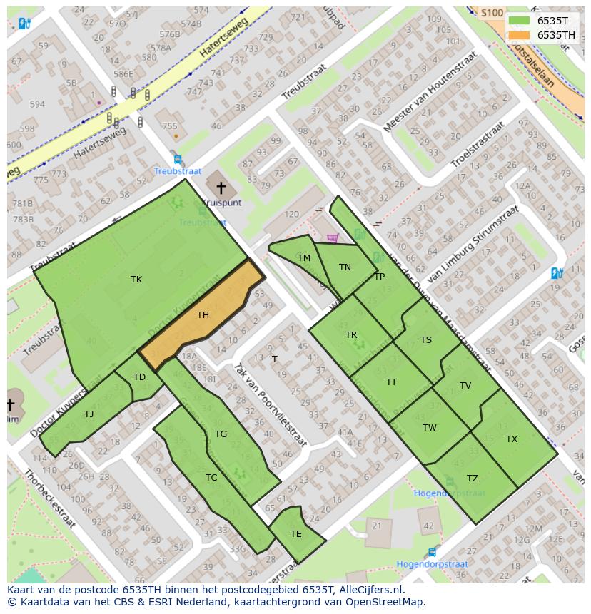 Afbeelding van het postcodegebied 6535 TH op de kaart.