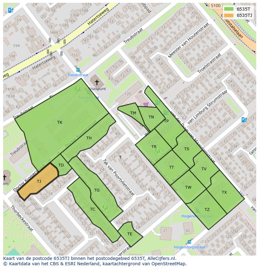 Afbeelding van het postcodegebied 6535 TJ op de kaart.