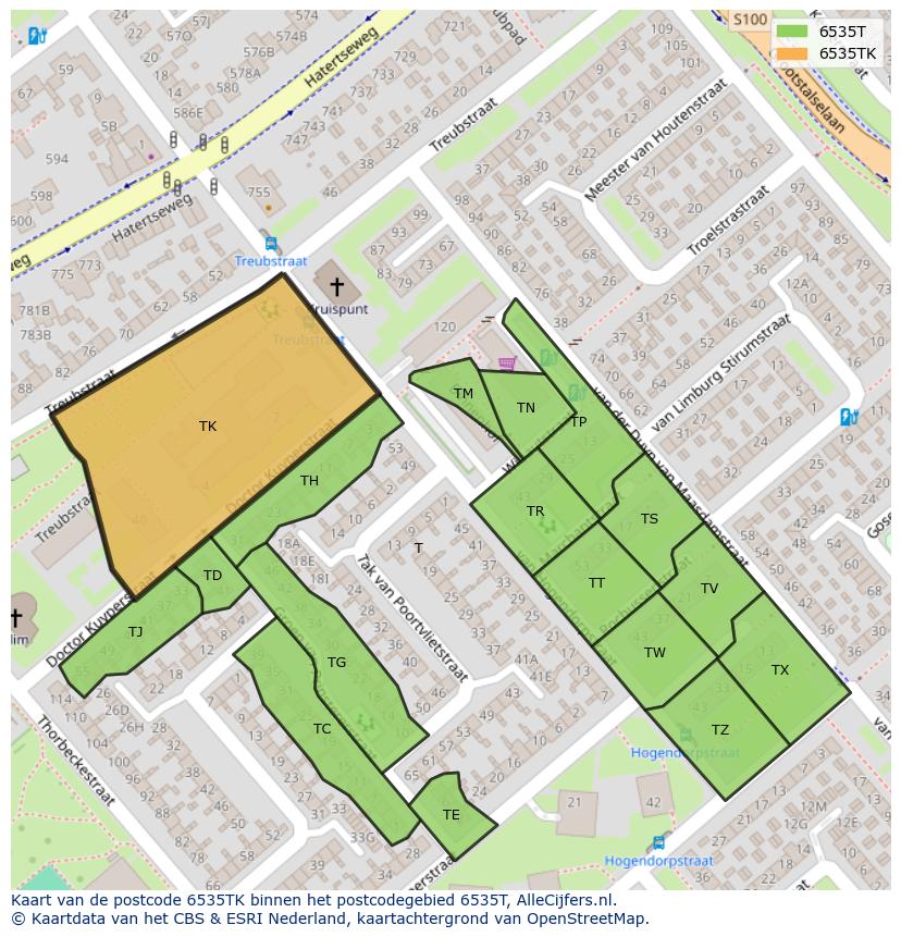Afbeelding van het postcodegebied 6535 TK op de kaart.