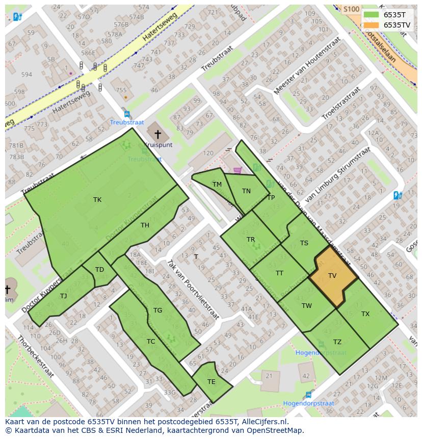 Afbeelding van het postcodegebied 6535 TV op de kaart.