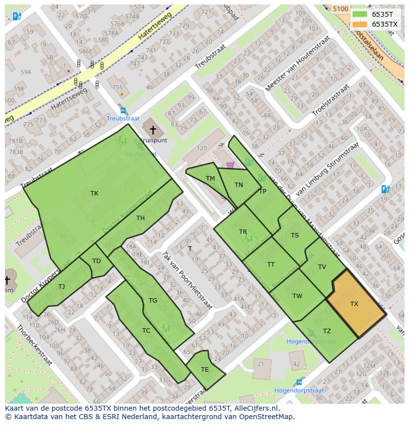 Afbeelding van het postcodegebied 6535 TX op de kaart.