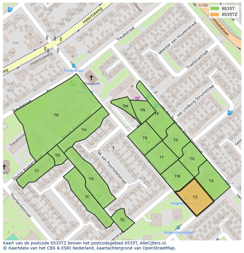 Afbeelding van het postcodegebied 6535 TZ op de kaart.