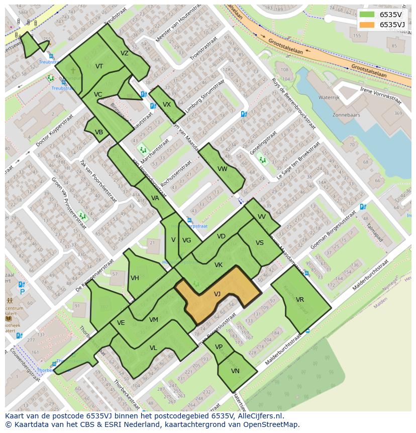 Afbeelding van het postcodegebied 6535 VJ op de kaart.