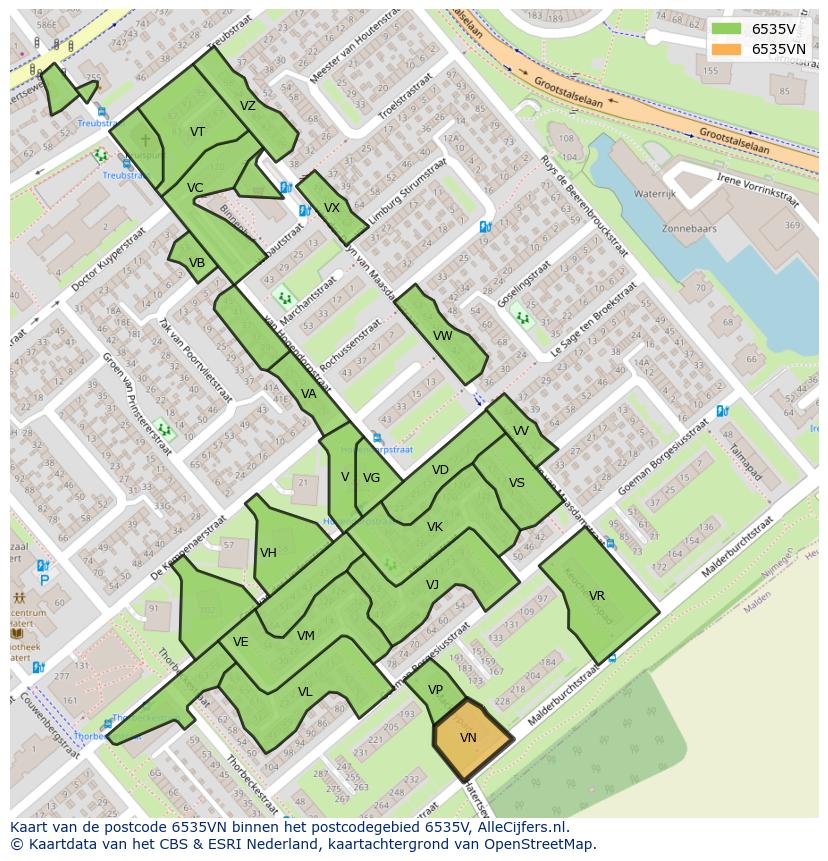 Afbeelding van het postcodegebied 6535 VN op de kaart.
