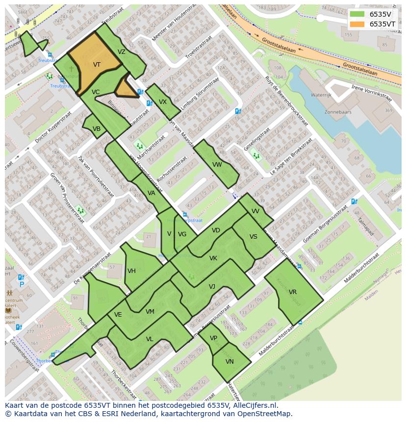 Afbeelding van het postcodegebied 6535 VT op de kaart.