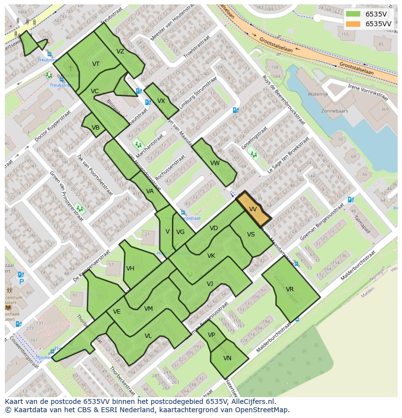 Afbeelding van het postcodegebied 6535 VV op de kaart.