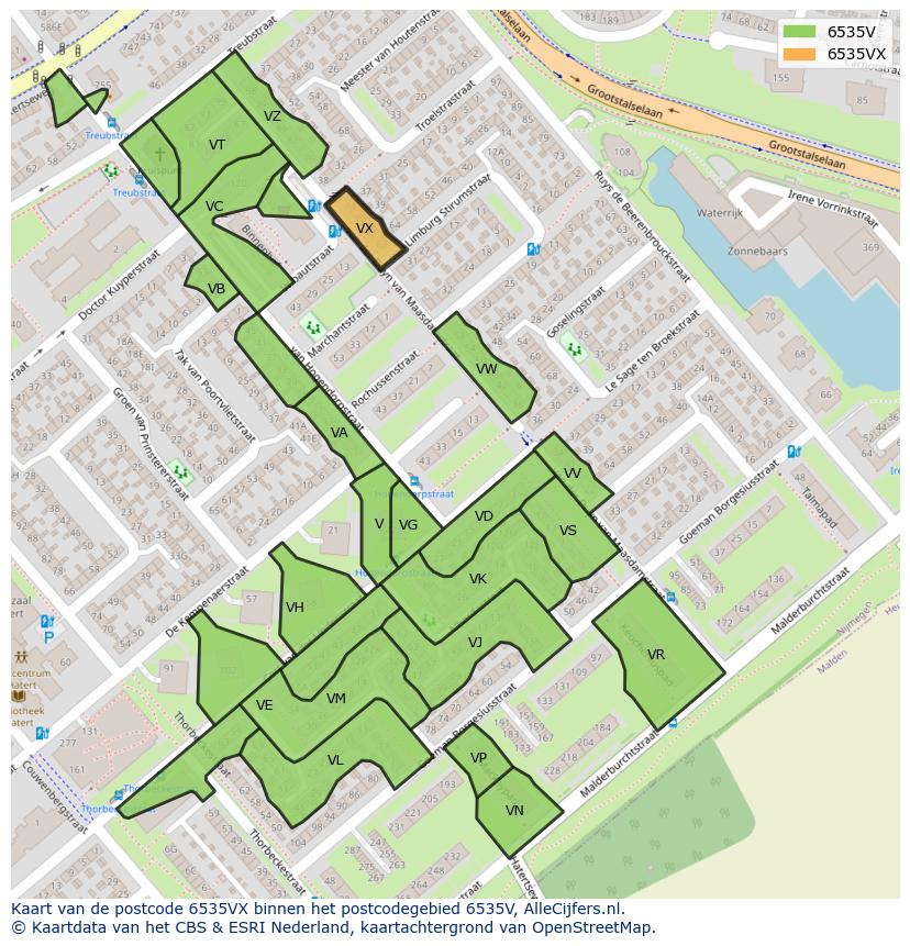 Afbeelding van het postcodegebied 6535 VX op de kaart.