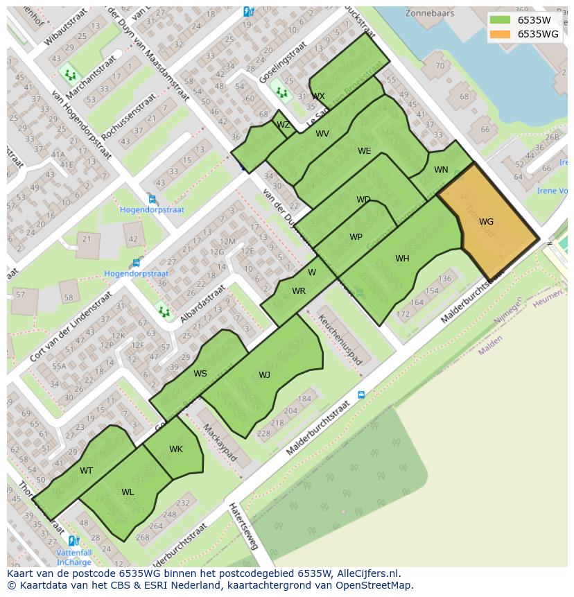 Afbeelding van het postcodegebied 6535 WG op de kaart.