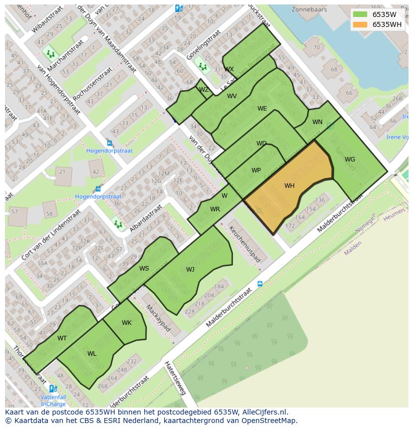 Afbeelding van het postcodegebied 6535 WH op de kaart.