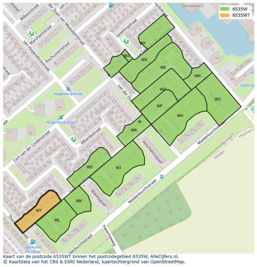 Afbeelding van het postcodegebied 6535 WT op de kaart.
