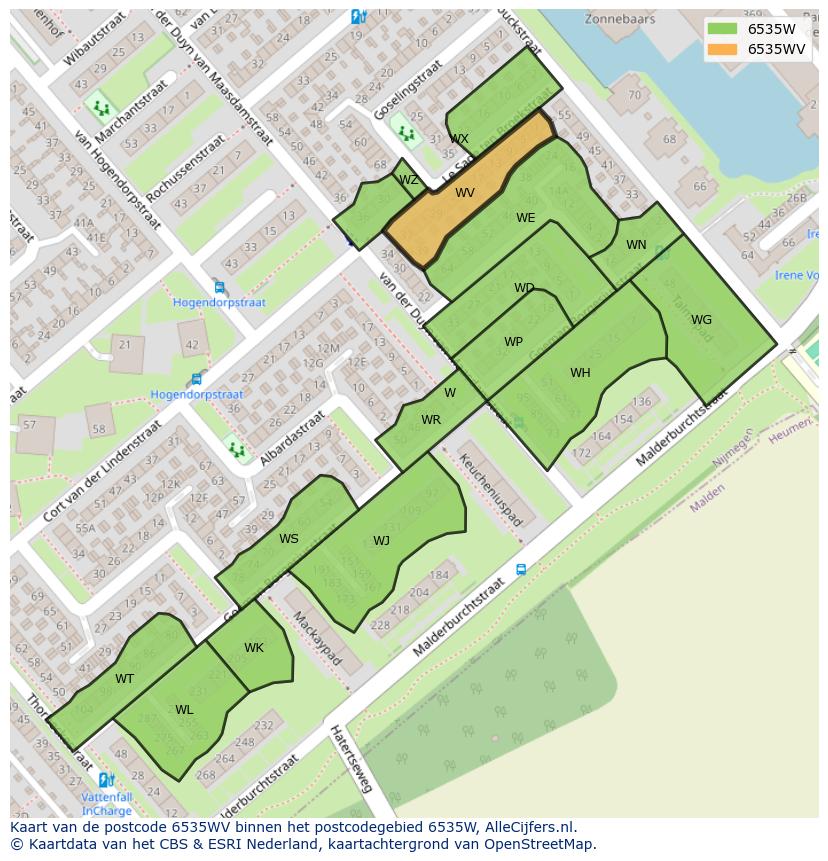 Afbeelding van het postcodegebied 6535 WV op de kaart.