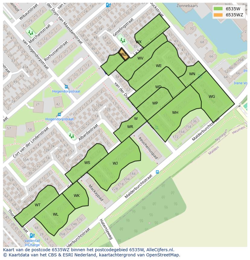 Afbeelding van het postcodegebied 6535 WZ op de kaart.