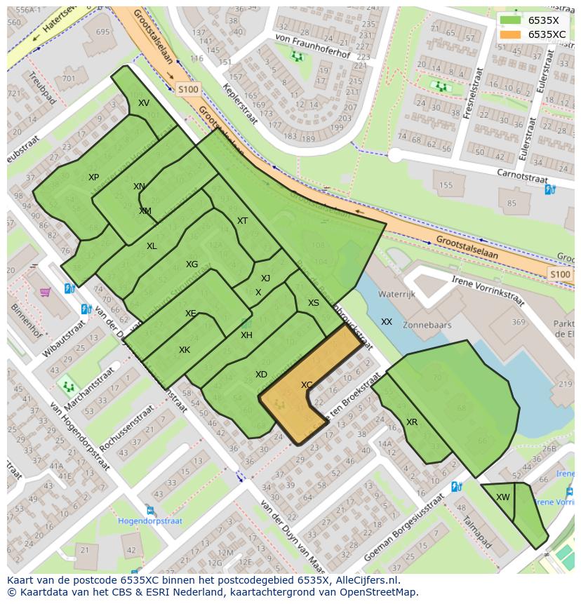 Afbeelding van het postcodegebied 6535 XC op de kaart.
