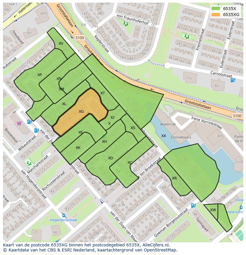 Afbeelding van het postcodegebied 6535 XG op de kaart.