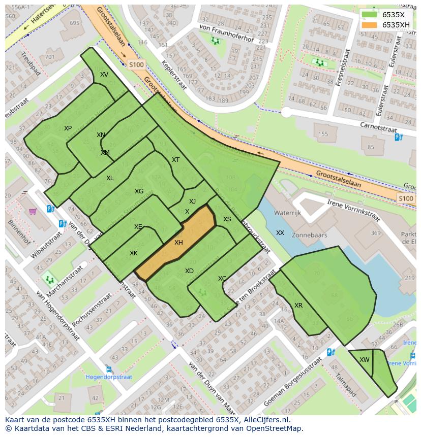 Afbeelding van het postcodegebied 6535 XH op de kaart.