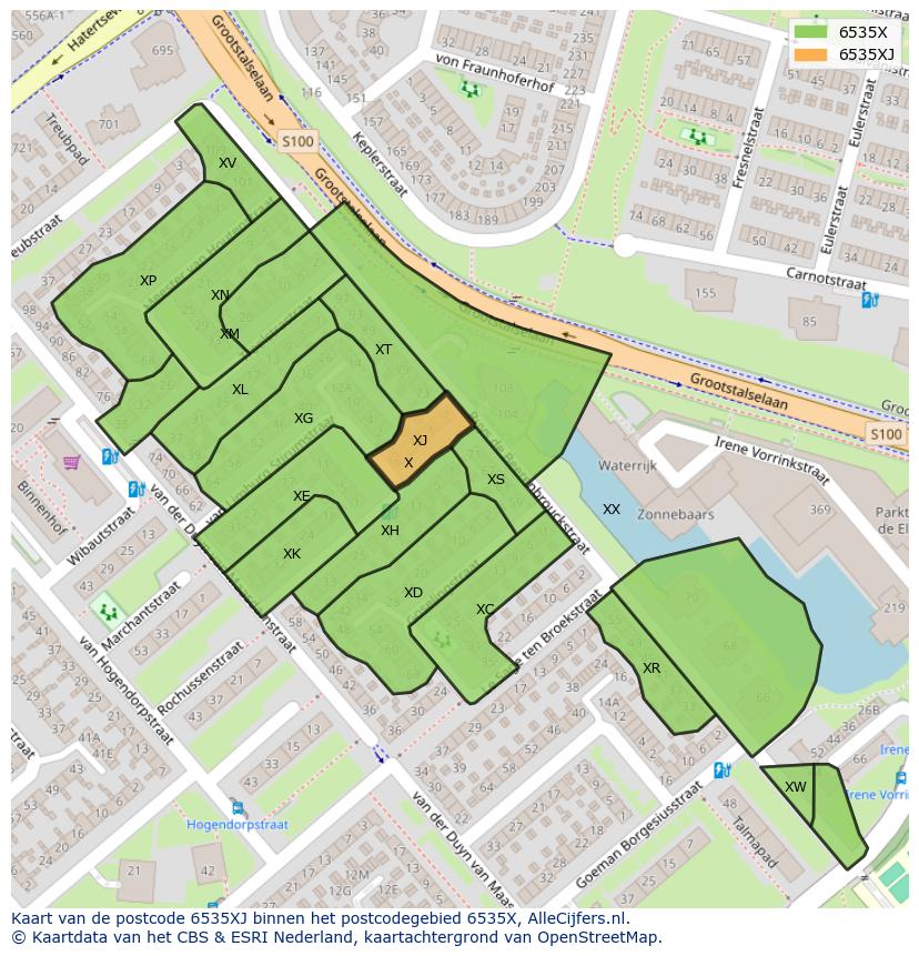 Afbeelding van het postcodegebied 6535 XJ op de kaart.