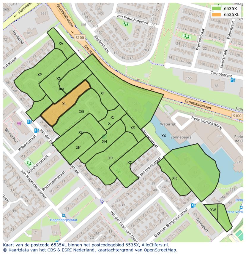 Afbeelding van het postcodegebied 6535 XL op de kaart.