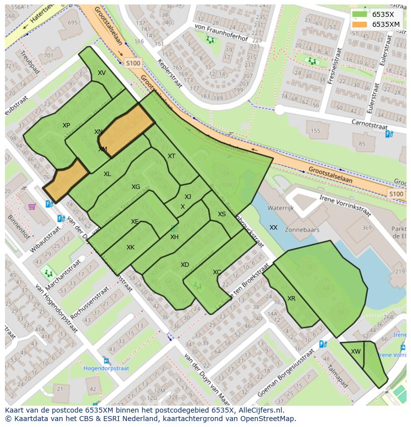 Afbeelding van het postcodegebied 6535 XM op de kaart.