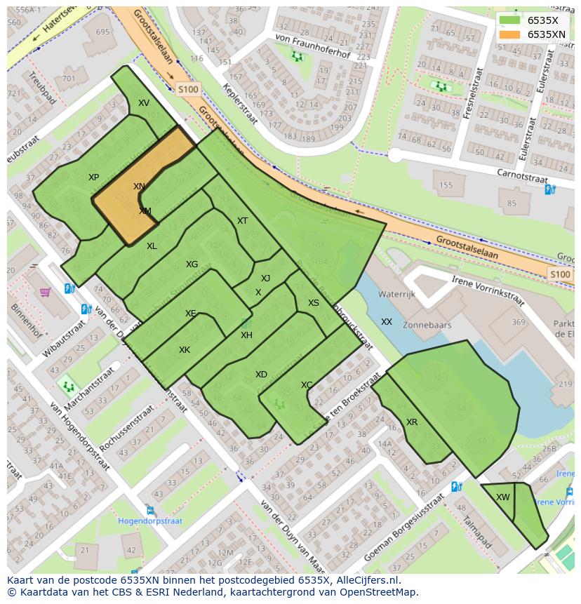 Afbeelding van het postcodegebied 6535 XN op de kaart.