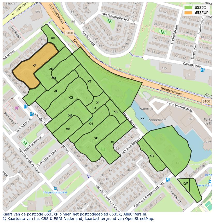 Afbeelding van het postcodegebied 6535 XP op de kaart.