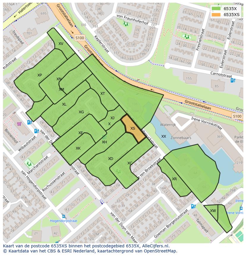 Afbeelding van het postcodegebied 6535 XS op de kaart.