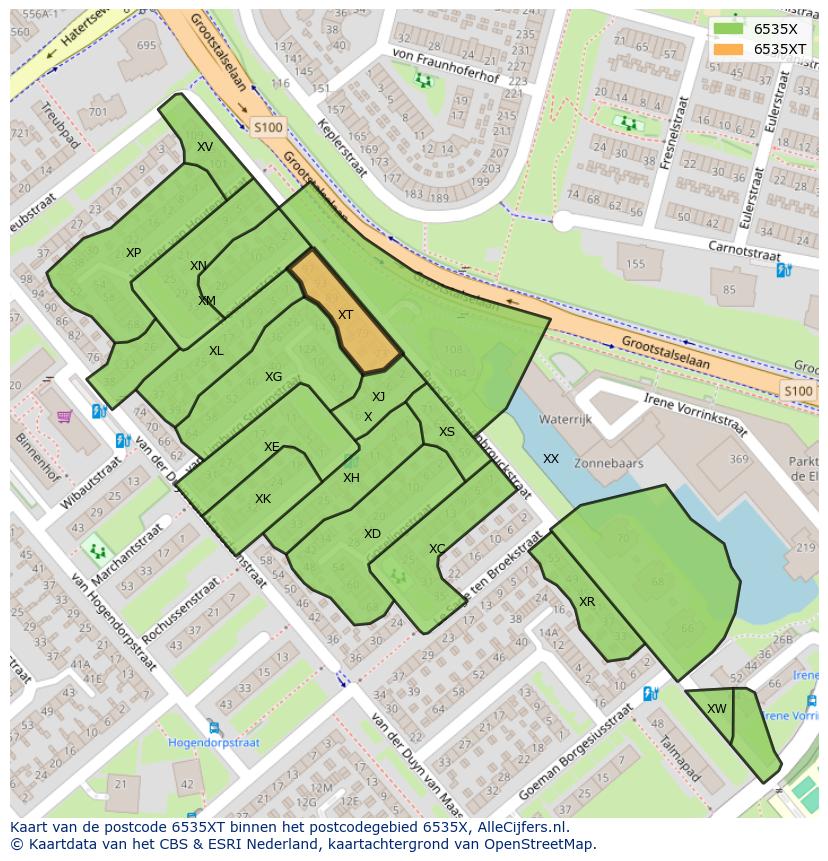 Afbeelding van het postcodegebied 6535 XT op de kaart.