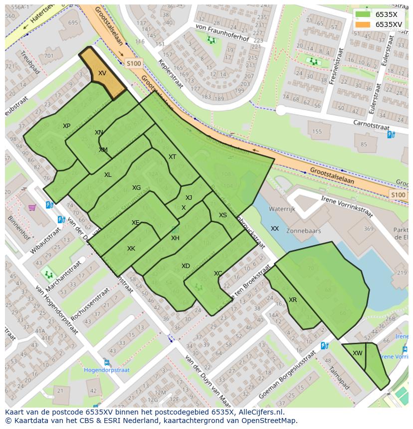 Afbeelding van het postcodegebied 6535 XV op de kaart.