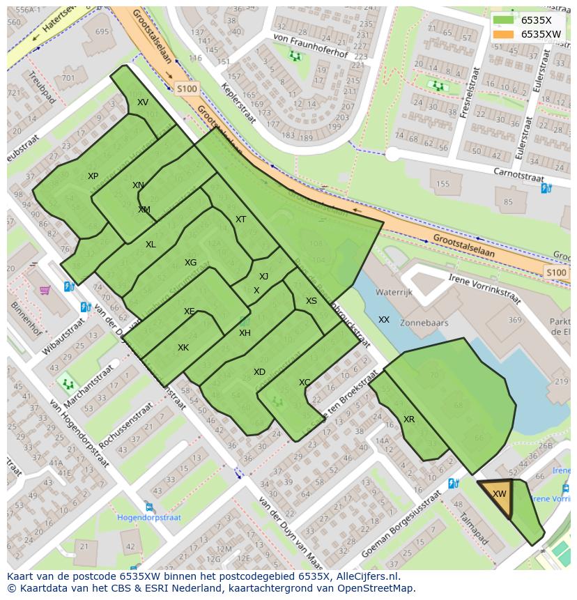 Afbeelding van het postcodegebied 6535 XW op de kaart.