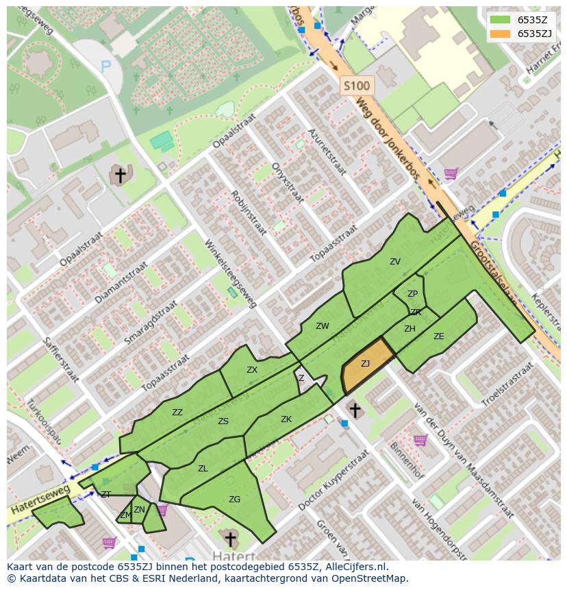 Afbeelding van het postcodegebied 6535 ZJ op de kaart.