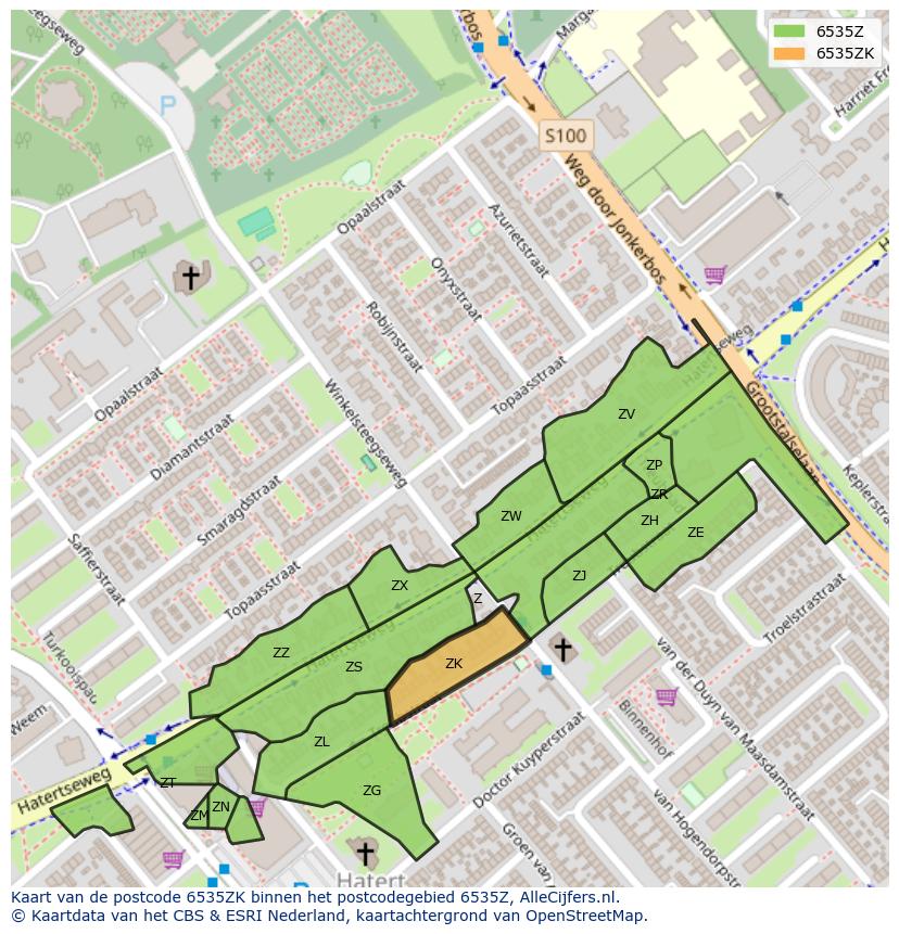 Afbeelding van het postcodegebied 6535 ZK op de kaart.