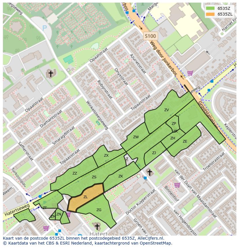 Afbeelding van het postcodegebied 6535 ZL op de kaart.