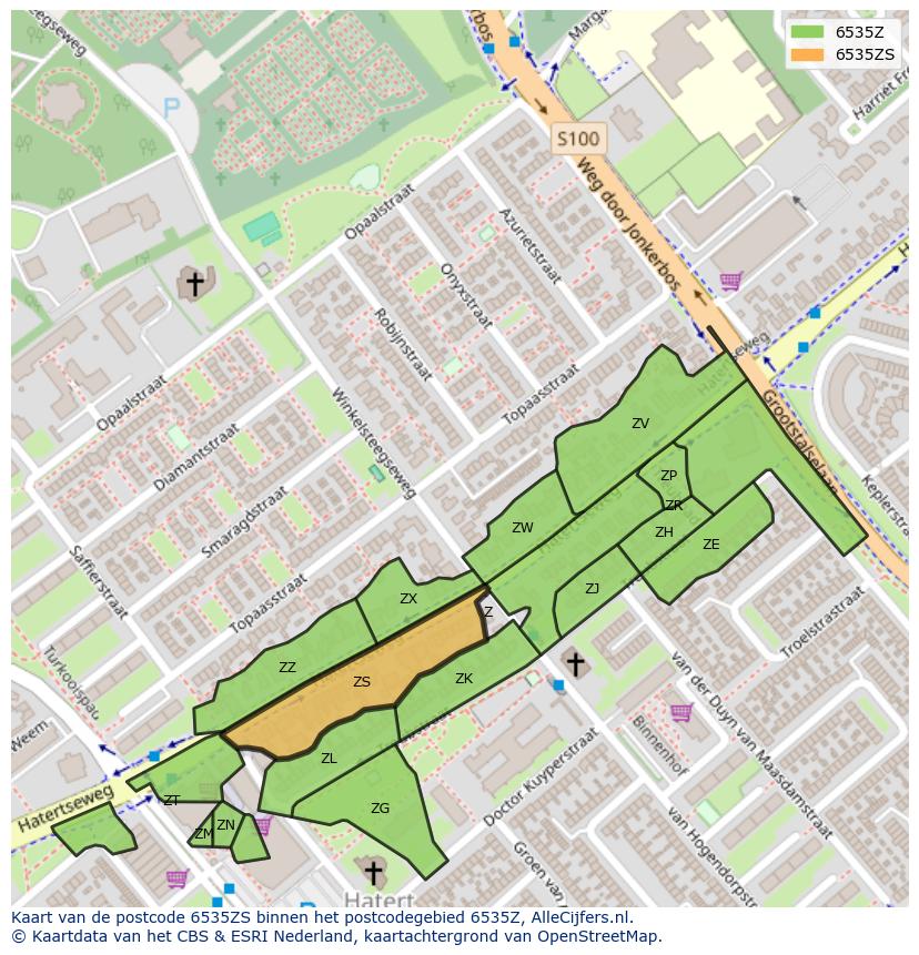 Afbeelding van het postcodegebied 6535 ZS op de kaart.
