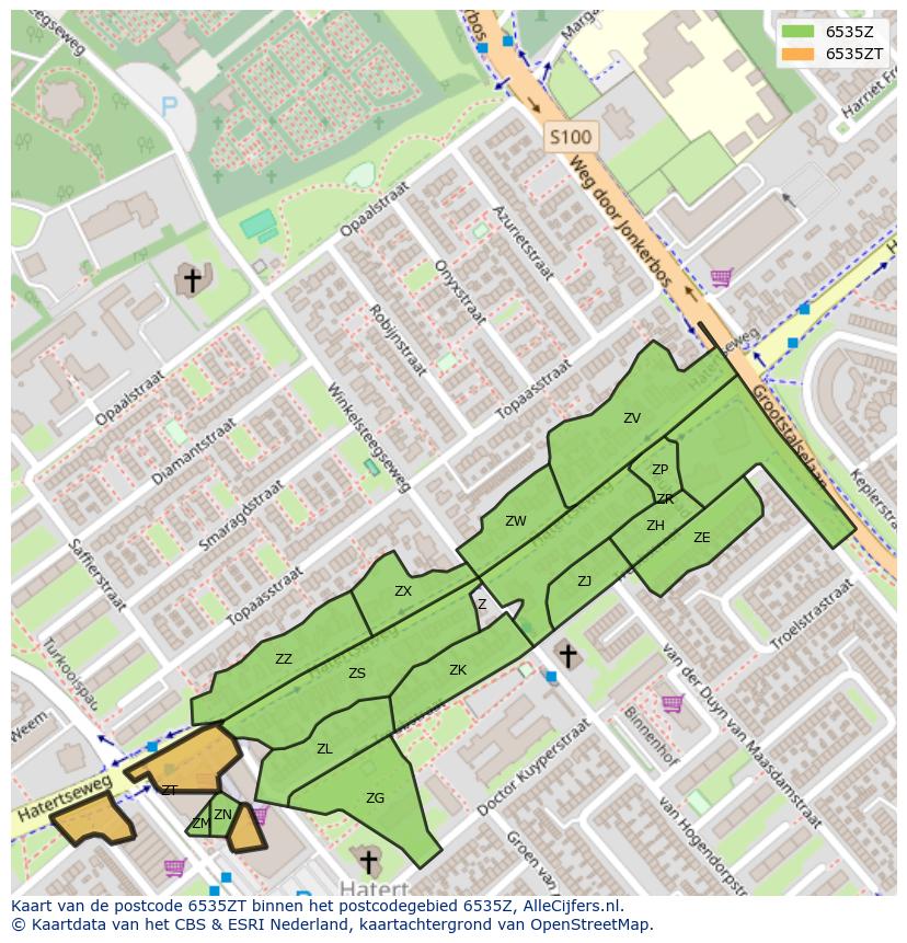Afbeelding van het postcodegebied 6535 ZT op de kaart.