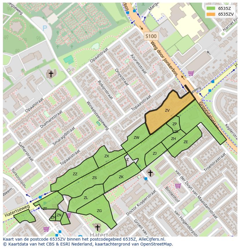 Afbeelding van het postcodegebied 6535 ZV op de kaart.