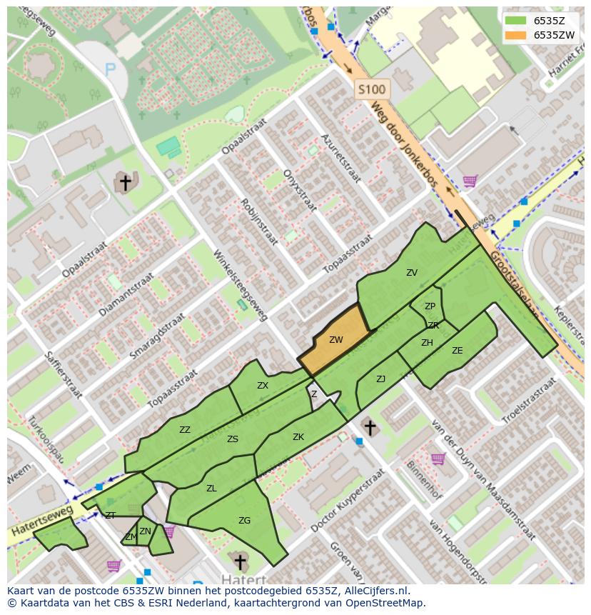 Afbeelding van het postcodegebied 6535 ZW op de kaart.