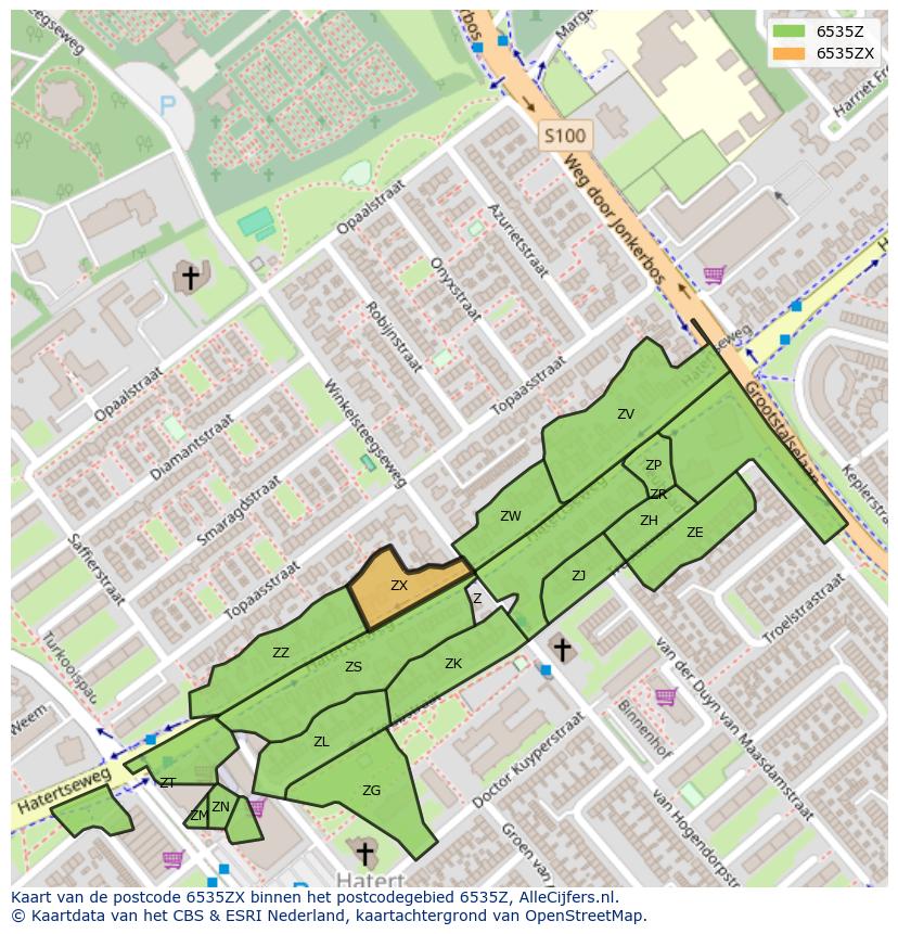 Afbeelding van het postcodegebied 6535 ZX op de kaart.