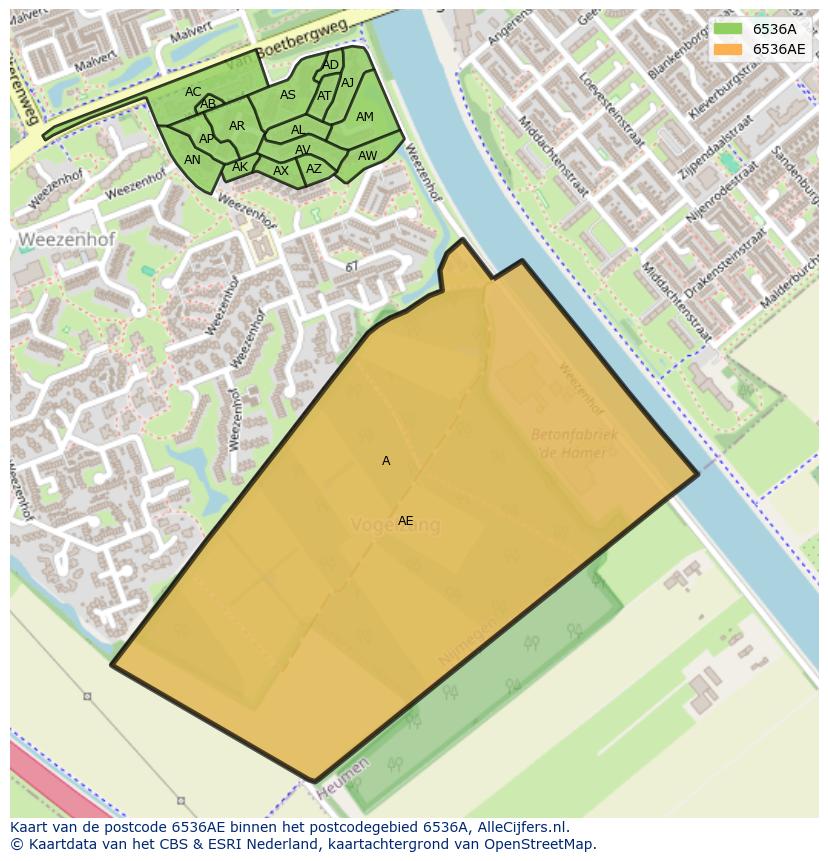 Afbeelding van het postcodegebied 6536 AE op de kaart.