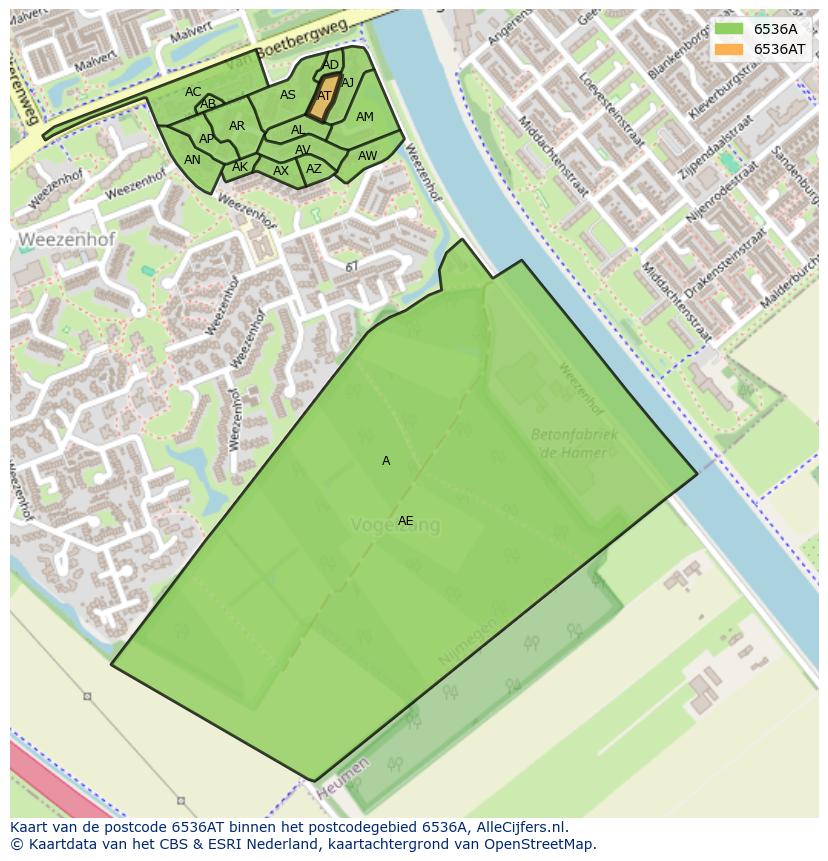 Afbeelding van het postcodegebied 6536 AT op de kaart.