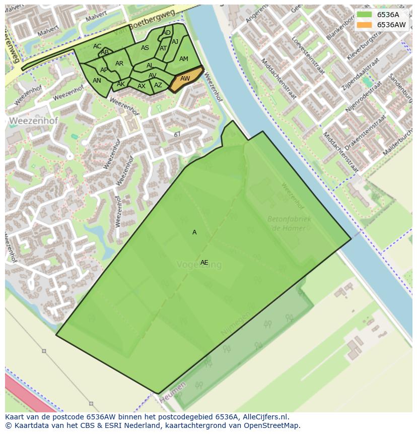Afbeelding van het postcodegebied 6536 AW op de kaart.