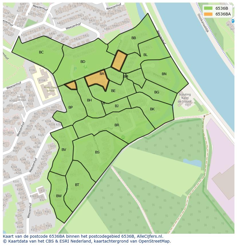 Afbeelding van het postcodegebied 6536 BA op de kaart.